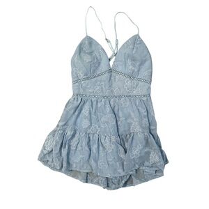 Floral Embroidered Blue Romper